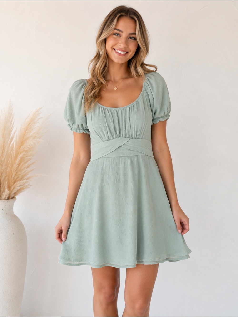 Altar’d State Sage Green Puff Sleeve Mini Dress | Size Medium